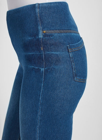 color=Mid Wash, Side detail view of mid wash blue, 4-way stretch, relaxed boyfriend denim jean legging