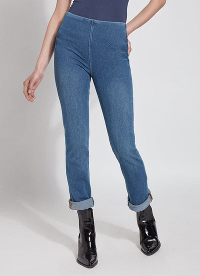 color=Mid Wash, Front view of mid wash blue, 4-way stretch, relaxed boyfriend denim jean legging, seen from waist down