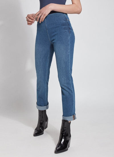 color=Mid Wash, Angled front view of mid wash blue, 4-way stretch, relaxed boyfriend denim jean legging, seen from waist down