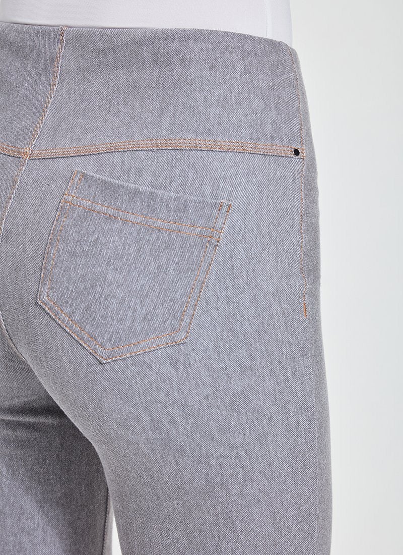 color=Uptown Grey, Rear detail view of uptown gray, 4-way stretch, relaxed boyfriend denim jean legging