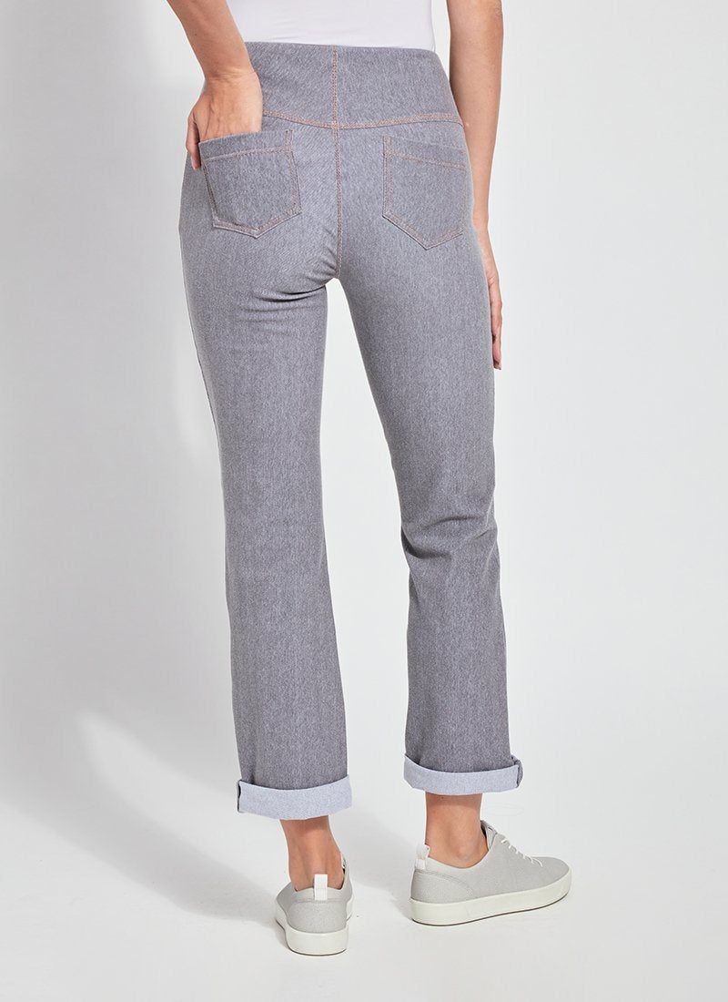 color=Uptown Grey, Rear view of uptown grey, 4-way stretch, relaxed boyfriend denim jean legging, from waist down