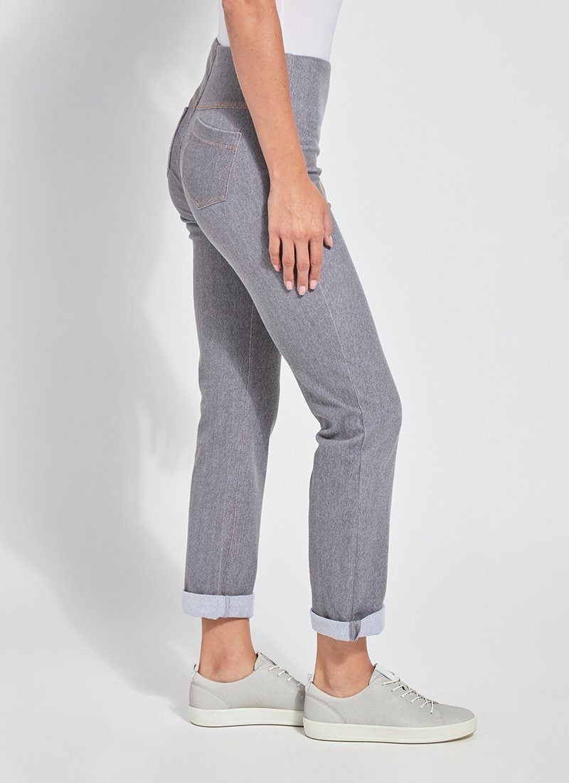 color=Uptown Grey, Side view of Uptown Grey, 4-way stretch, relaxed boyfriend denim jean legging, seen from waist down