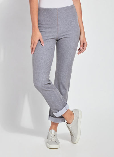 color=Uptown Grey, Front view of uptown grey, 4-way stretch, relaxed boyfriend denim jean legging, seen from waist down