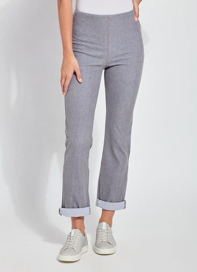 color=Uptown Grey, Front view of uptown grey, 4-way stretch, relaxed boyfriend denim jean legging, seen from waist down