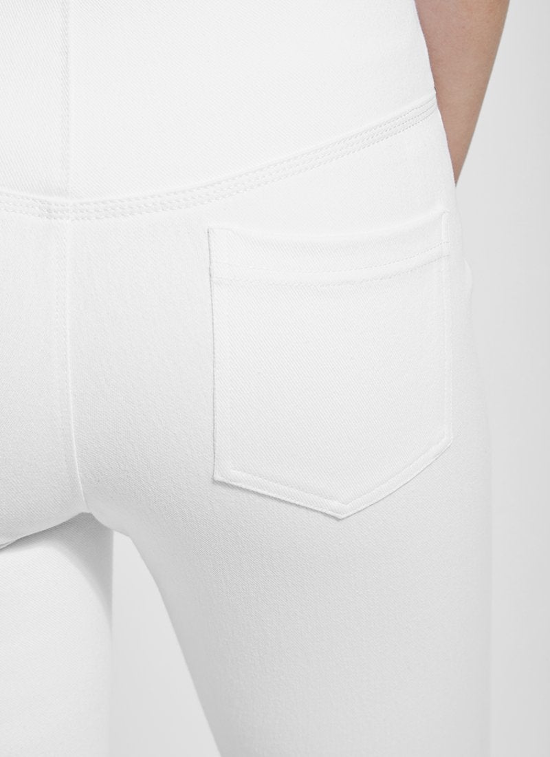 color=White, Rear detail view of white, 4-way stretch, relaxed boyfriend denim jean legging