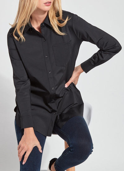 color=Black, seated front view of best selling women's button up shirt in soft resilient microfiber paired with jean leggings