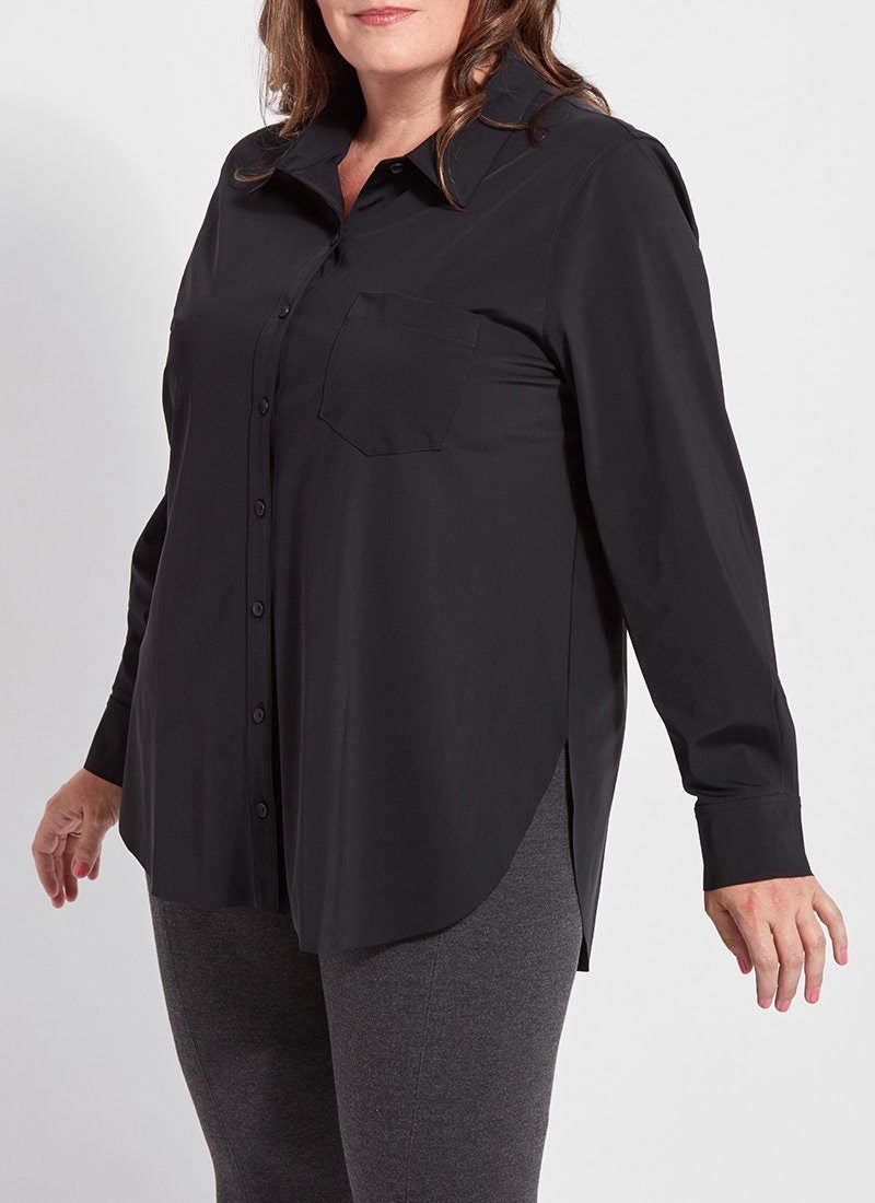 color=Black, angled front view, best selling women's button up shirt in soft resilient microfiber, plus size, with gray leggings