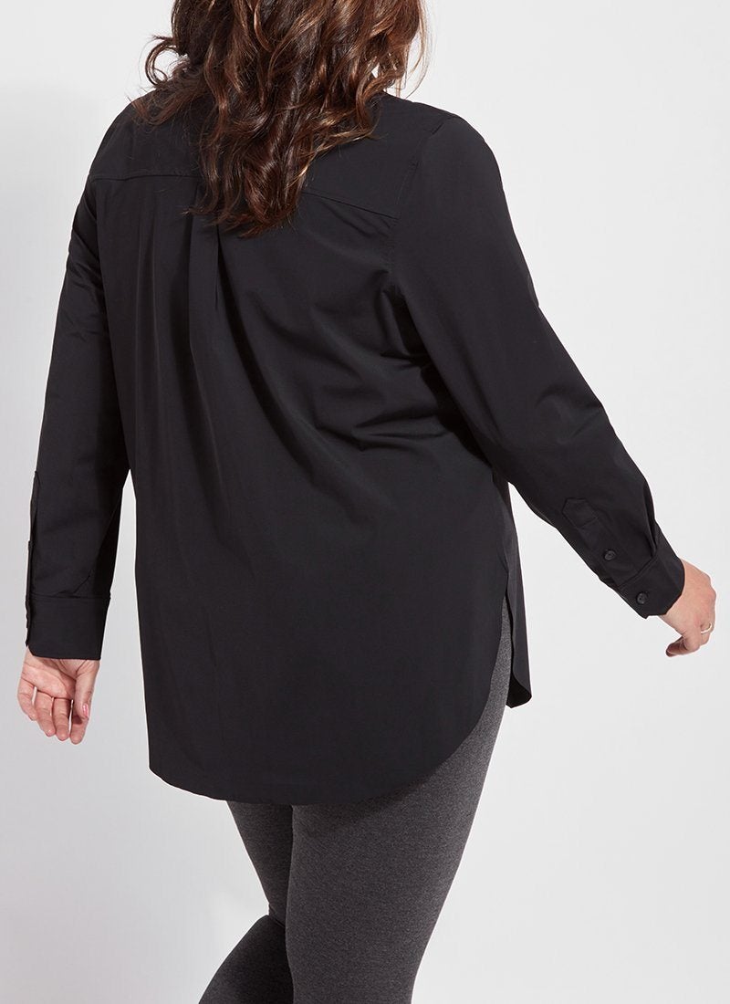 color=Black, angled back view, best selling women's button up shirt in soft resilient microfiber, gray leggings