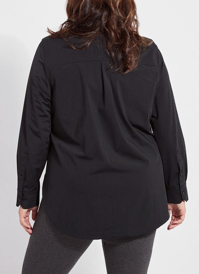 color=Black, back, best selling women's button up shirt in soft resilient microfiber, with gray leggings