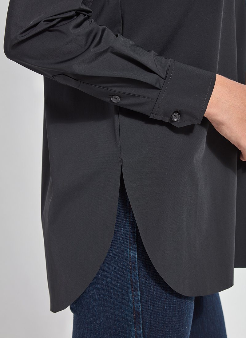 color=Black, hem and sleeve detail, best selling women's button up shirt in soft resilient microfiber, indigo denim leggings 
