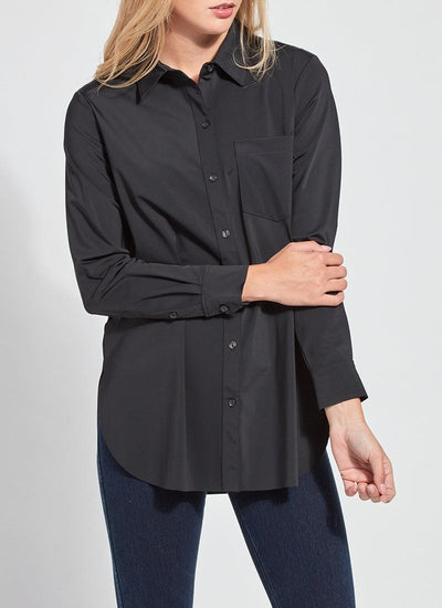 color=Black, front, best selling women's button up shirt in soft resilient microfiber, indigo denim leggings