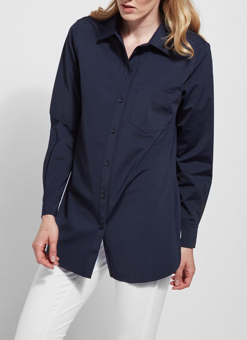 color=True Navy, front, best selling women's button up shirt in soft resilient microfiber, white denim jean leggings