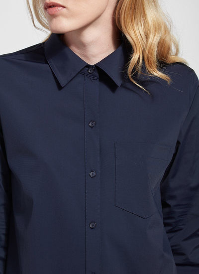 color=True Navy, front neckline detail, best selling women's button up shirt in soft resilient microfiber