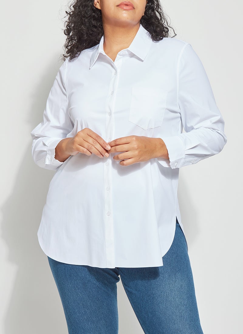color=White, front view of plus-size best selling women's button up shirt in soft resilient microfiber, with blue denim jean leggings