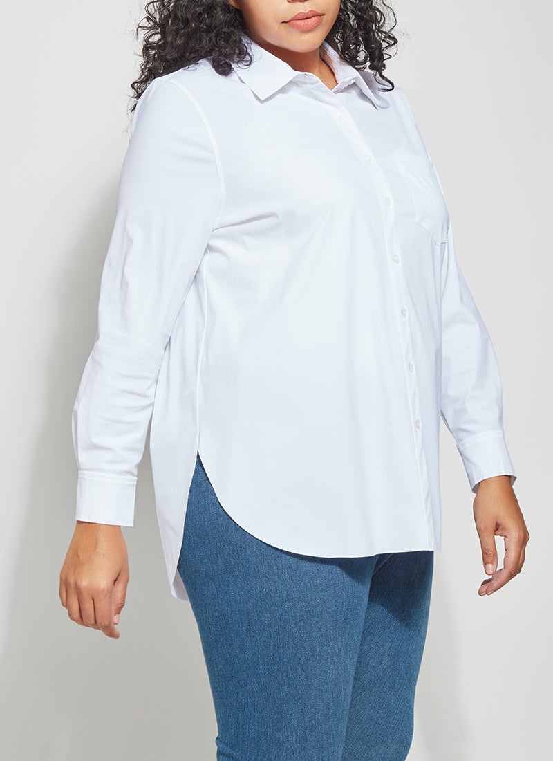 color=White, plus-size, best selling women's button up shirt in soft resilient microfiber, blue denim leggings