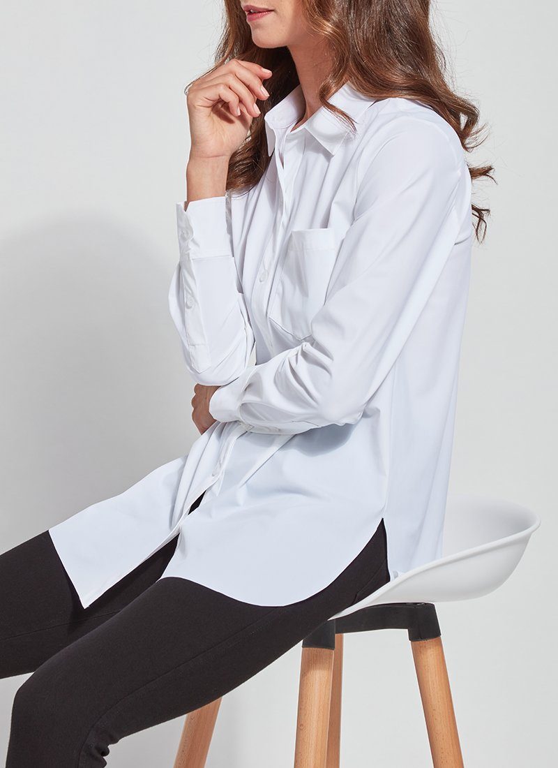color=White, seated side view, best selling women's button up shirt in soft resilient microfiber, black denim leggings