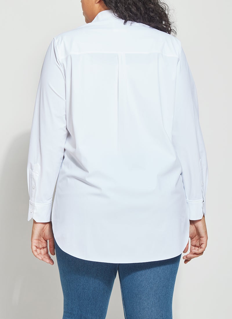 color=White, back, best selling women's button up shirt in soft resilient microfiber, plus size, blue denim leggings