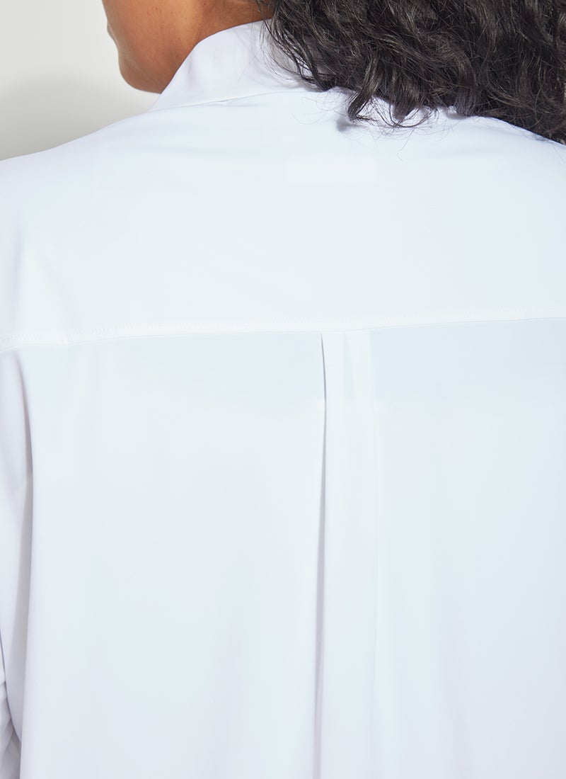 color=White, back neckline detail, best selling women's button up shirt in soft resilient microfiber