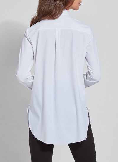 color=White, back, best selling women's button up shirt in soft resilient microfiber, with black denim leggings
