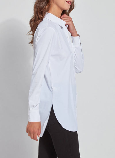 color=White, side view, best selling women's button up shirt in soft resilient microfiber, with black denim leggings