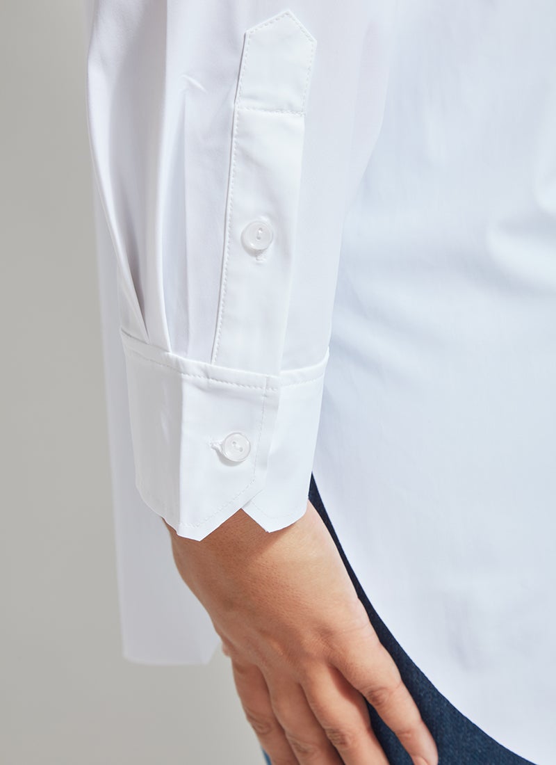 color=White, hem and sleeve detail, best selling women's button up shirt in soft resilient microfiber