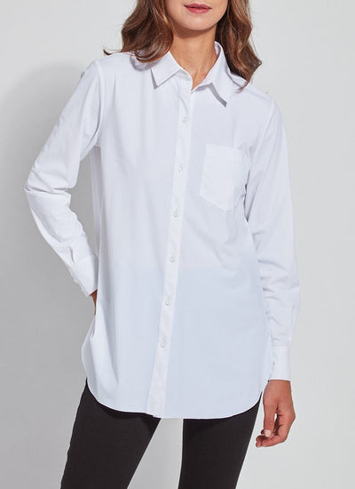 color=White, front view of best selling women's button up shirt in soft resilient microfiber