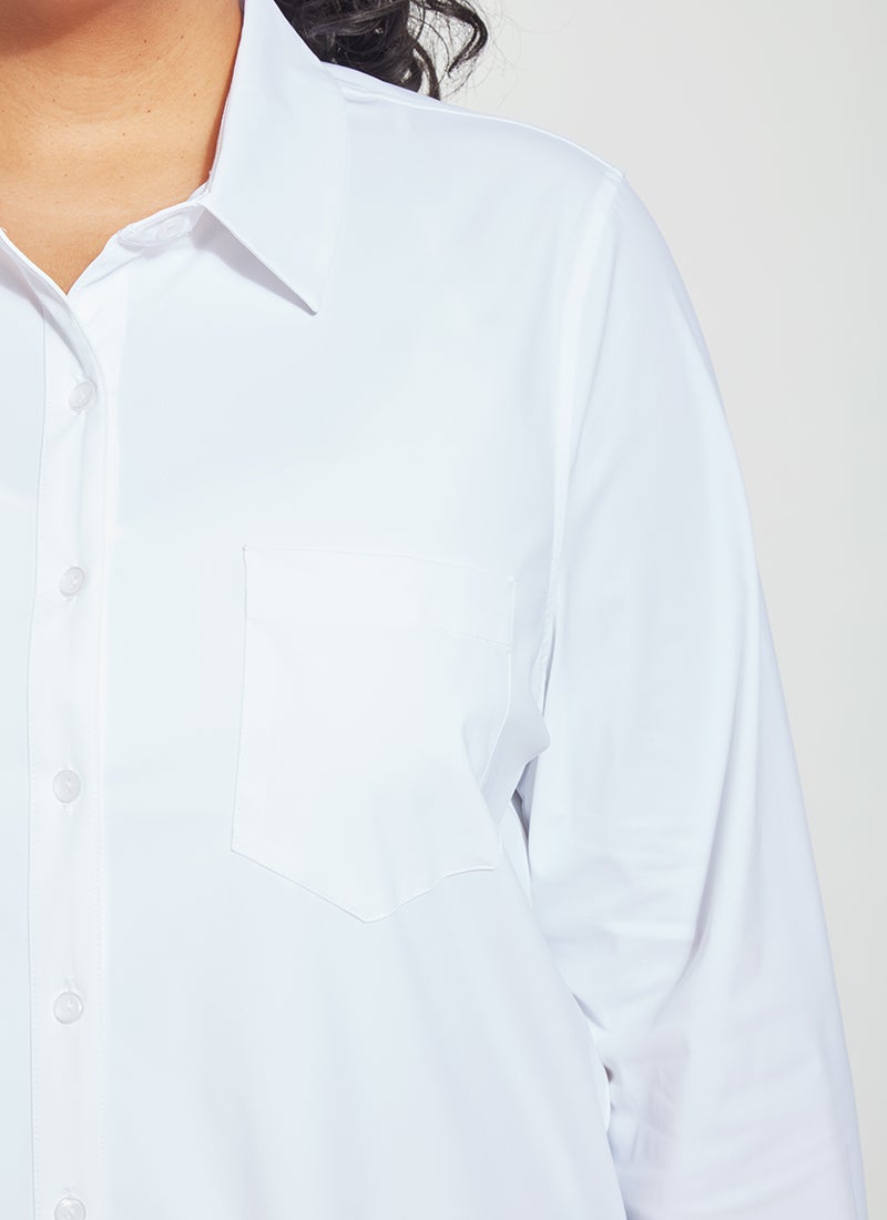 color=White, front neckline detail, best selling women's button up shirt in soft resilient microfiber