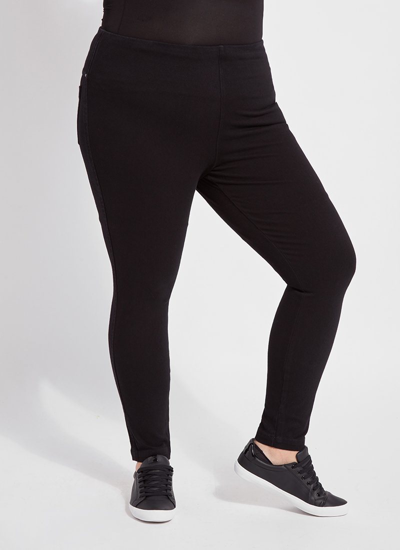 color=Black, front view, versatile denim jean leggings with smoothing and slimming control comfort waistband