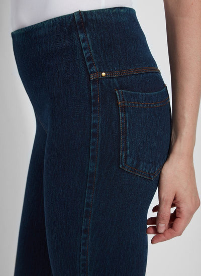 color=Indigo, side detail, versatile denim jean leggings with smoothing and slimming control comfort waistband