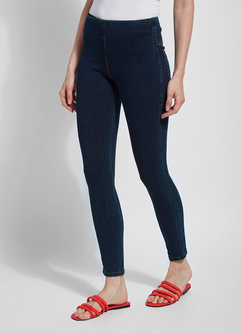 color=Indigo, front angle, versatile denim jean leggings with smoothing and slimming control comfort waistband