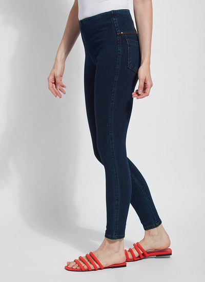 color=Indigo, side view, versatile denim jean leggings with smoothing and slimming control comfort waistband