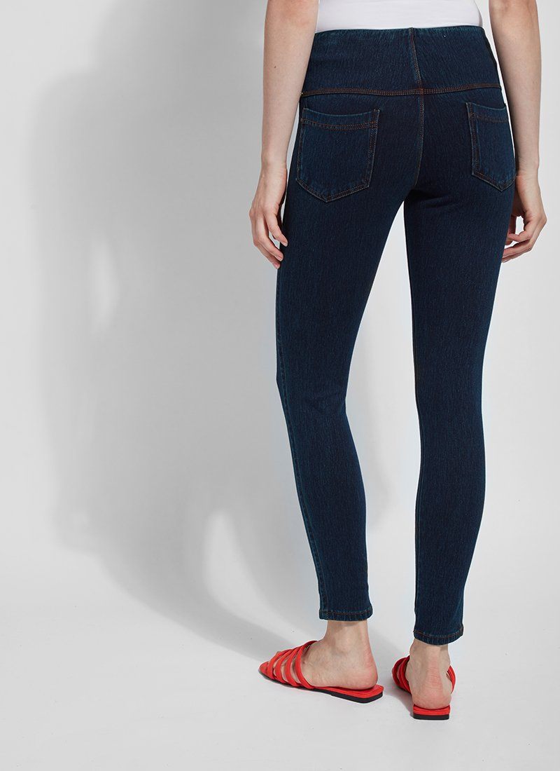 color=Indigo, back view, versatile denim jean leggings with smoothing and slimming control comfort waistband
