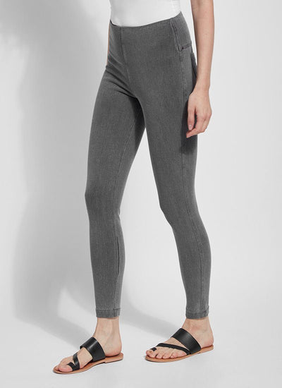 color=Mid Grey, front angle, versatile denim jean leggings with smoothing and slimming control comfort waistband