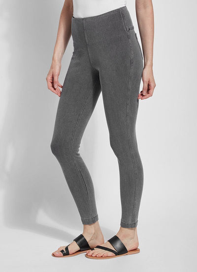 color=Mid Grey, side angle, versatile denim jean leggings with smoothing and slimming control comfort waistband