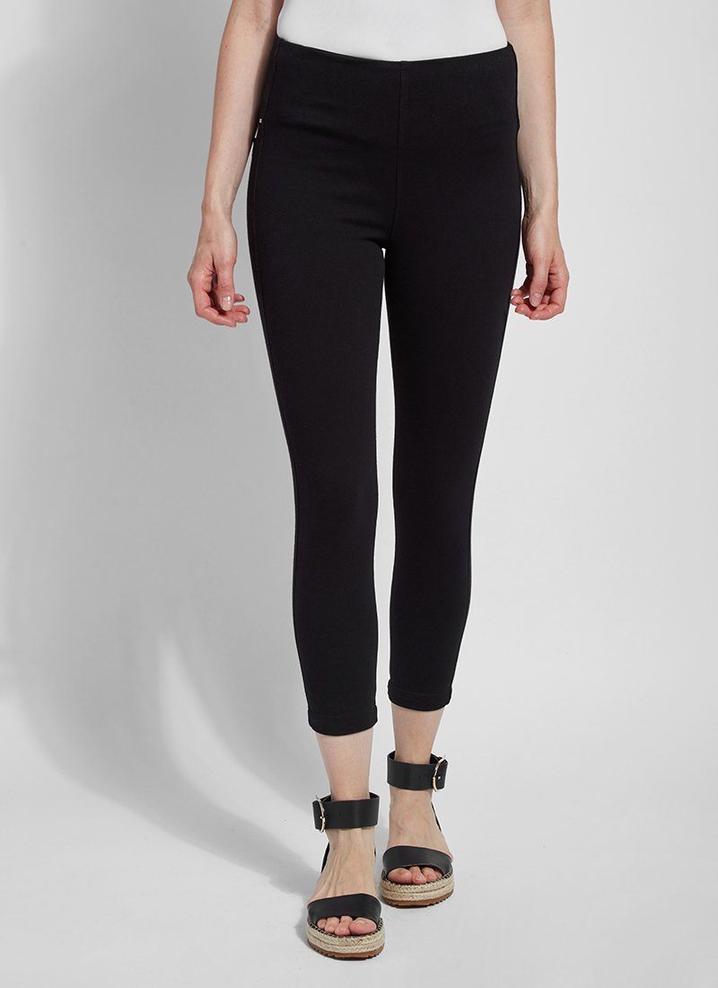 color=Black, front view, crop length denim jean leggings with concealed waistband for flattering, slimming fit
