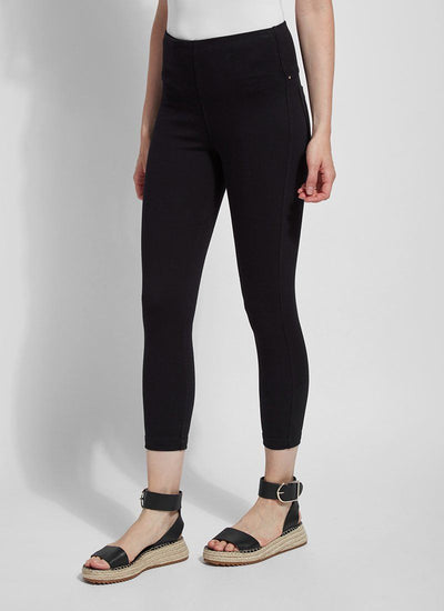 color=Black, front angle, crop length denim jean leggings with concealed waistband for flattering, slimming fit