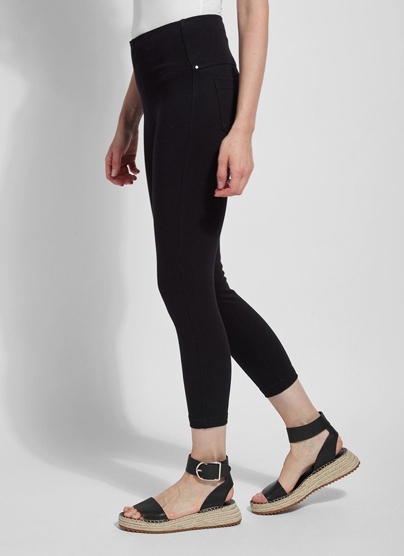 color=Black, side view, crop length denim jean leggings with concealed waistband for flattering, slimming fit