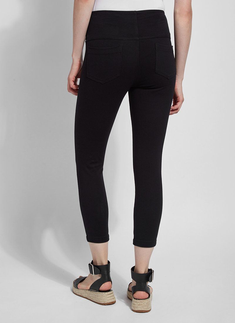 color=Black, back view, crop length denim jean leggings with concealed waistband for flattering, slimming fit