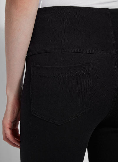 color=Black, back waist detail, crop length denim jean leggings with concealed waistband for flattering, slimming fit