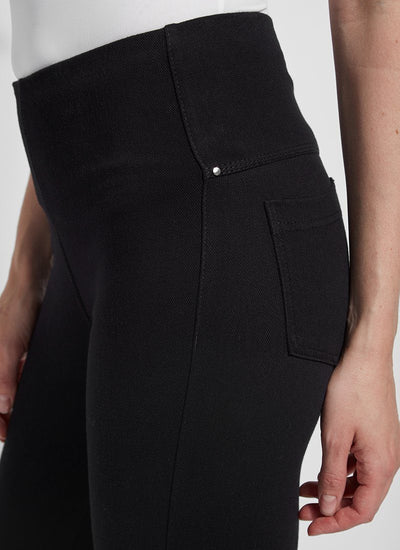 color=Black, side waist detail, crop length denim jean leggings with concealed waistband for flattering, slimming fit