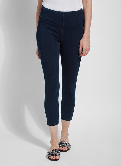 color=Indigo, front view, crop length denim jean leggings with concealed waistband for flattering, slimming fit