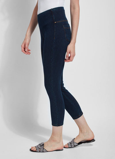 color=Indigo, side view, crop length denim jean leggings with concealed waistband for flattering, slimming fit