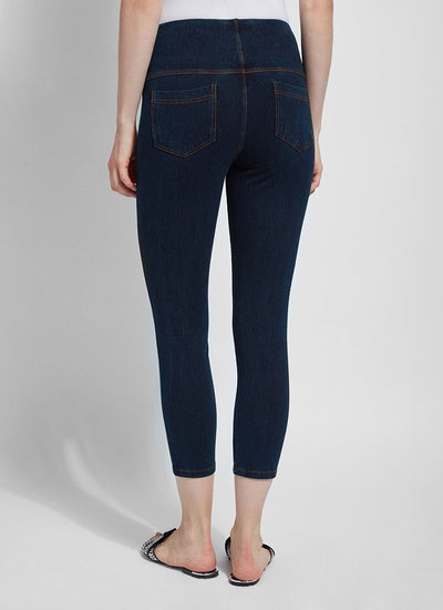 color=Indigo, back view, crop length denim jean leggings with concealed waistband for flattering, slimming fit