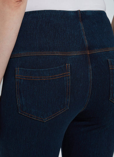 color=Indigo, back waist detail, crop length denim jean leggings with concealed waistband for flattering, slimming fit