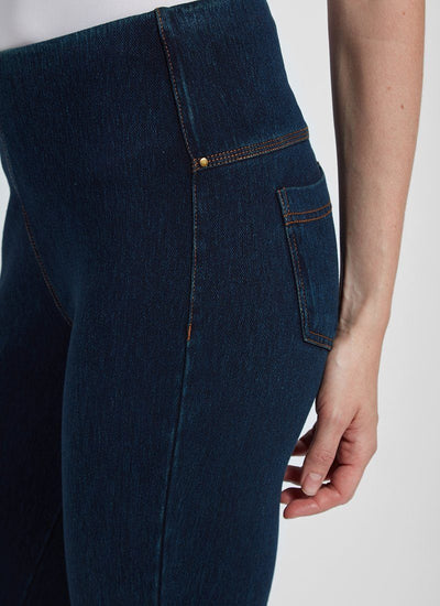 color=Indigo, waist detail, crop length denim jean leggings with concealed waistband for flattering, slimming fit