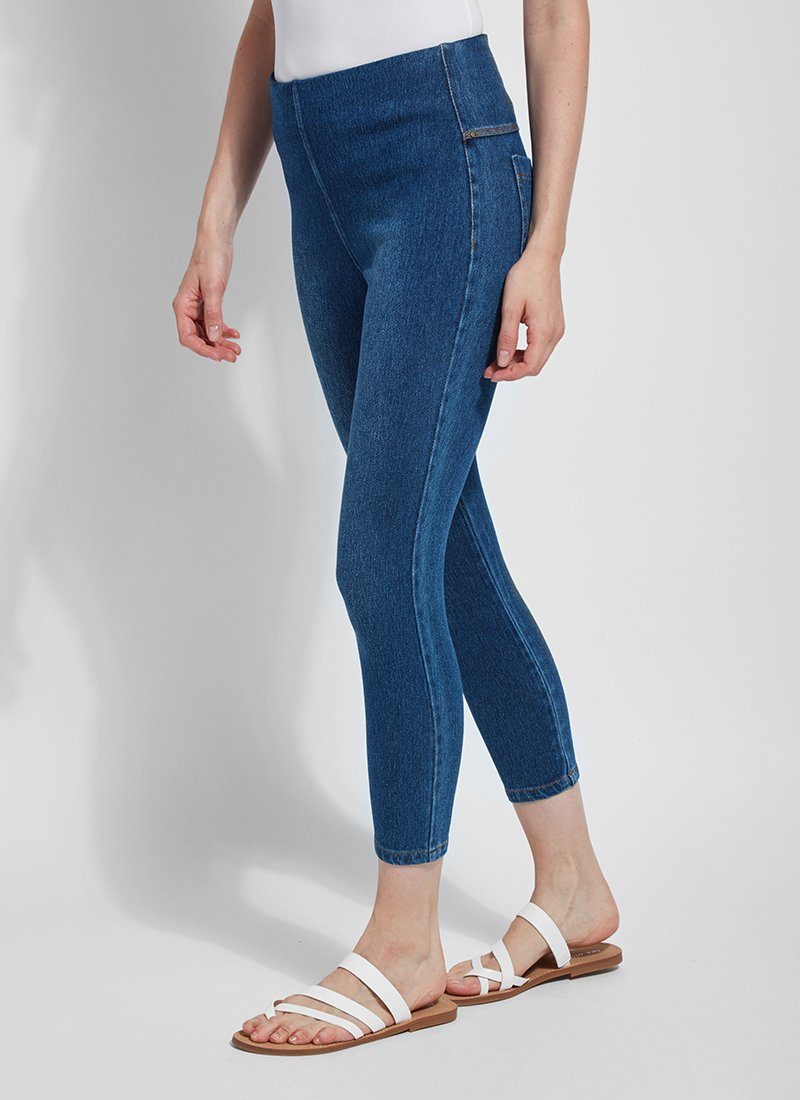 color=Mid Wash, front angle, crop length denim jean leggings with concealed waistband for flattering, slimming fit