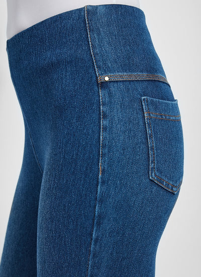 color=Mid Wash, waist detail, crop length denim jean leggings with concealed waistband for flattering, slimming fit