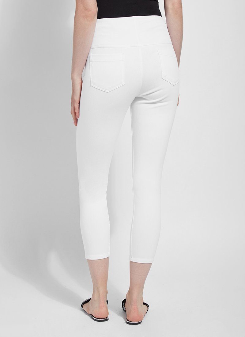 color=White, back view, crop length denim jean leggings with concealed waistband for flattering, slimming fit