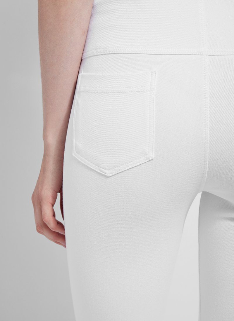 color=White, back detail, crop length denim jean leggings with concealed waistband for flattering, slimming fit