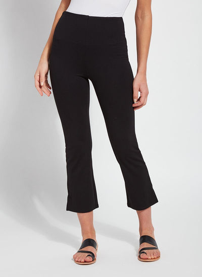 color=Black, front view, plus size curvy legging with body-hugging fit to knee, flare opening, side slit, comfort waistband